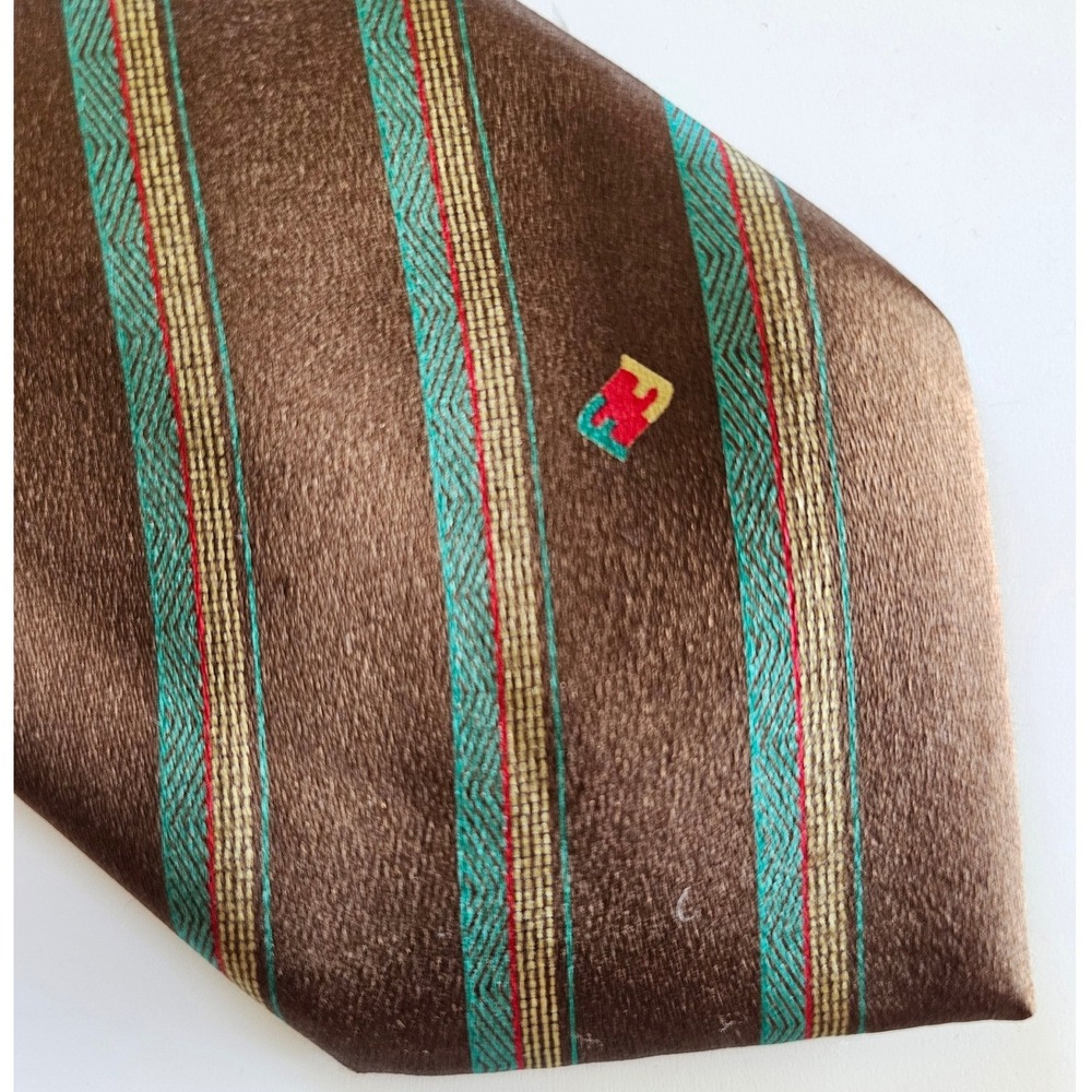 FENDI VTG 100% Silk Striped Rings Extra Maximalist Glamuratti Brown Tie